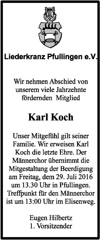Anzeige von Karl Koch von Reutlinger Generalanzeiger