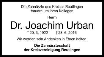 Anzeige von Joachim Urban von Reutlinger Generalanzeiger