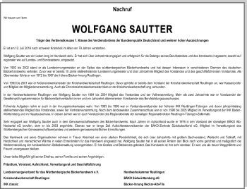 Anzeige von Wolfgang Sautter von Reutlinger Generalanzeiger