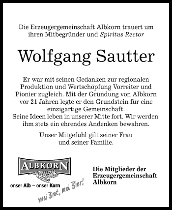 Anzeige von Wolfgang Sautter von Reutlinger Generalanzeiger