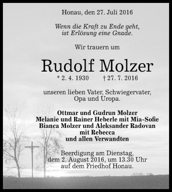 Anzeige von Rudolf Molzer von Reutlinger Generalanzeiger