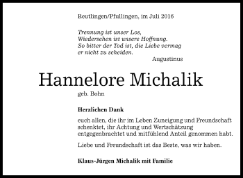 Anzeige von Hannelore Michalik von Reutlinger Generalanzeiger