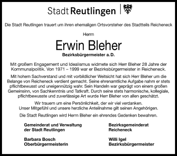 Anzeige von Erwin Bleher von Reutlinger Generalanzeiger