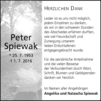 Anzeige von Peter Spiewak von Reutlinger Generalanzeiger