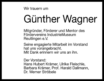 Anzeige von Günther Wagner von Reutlinger Generalanzeiger