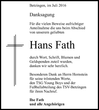 Anzeige von Hans Fath von Reutlinger Generalanzeiger