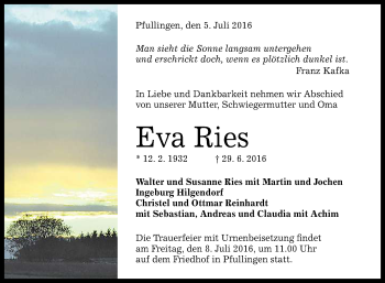 Anzeige von Eva Ries von Reutlinger Generalanzeiger