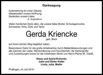 Anzeige von Gerda Elise Kriencke von Reutlinger Generalanzeiger