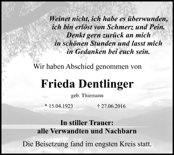 Anzeige von Frieda Dentlinger von Reutlinger Generalanzeiger
