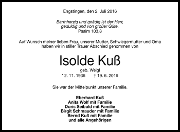 Anzeige von Isolde Kuß von Reutlinger Generalanzeiger