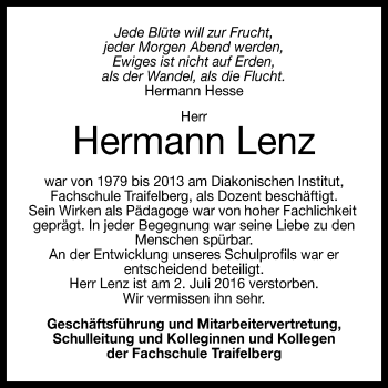 Anzeige von Hermann Lenz von Reutlinger Generalanzeiger