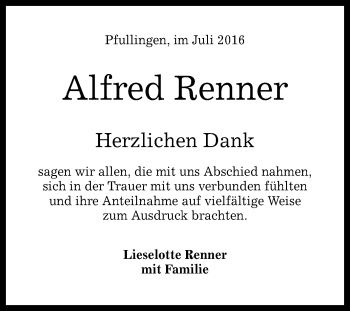 Anzeige von Alfred Renner von Reutlinger Generalanzeiger