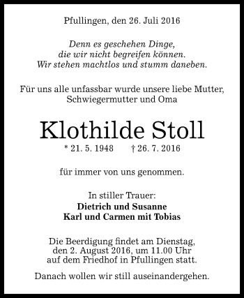 Anzeige von Klothilde Stoll von Reutlinger Generalanzeiger