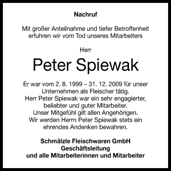 Anzeige von Peter Spiewak von Reutlinger Generalanzeiger