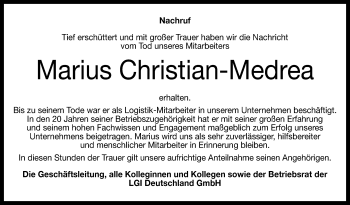 Anzeige von Marius Christian-Medrea von Reutlinger Generalanzeiger