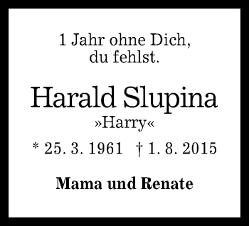 Anzeige von Harald Slupina von Reutlinger Generalanzeiger