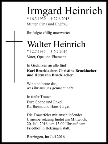 Anzeige von Irmgard und Walter Heinrich von Reutlinger Generalanzeiger