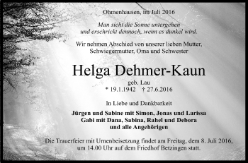 Anzeige von Helga Dehmer-Kaun von Reutlinger Generalanzeiger