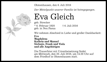 Anzeige von Eva Gleich von Reutlinger Generalanzeiger