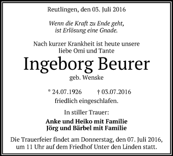 Anzeige von Ingeborg Beurer von Reutlinger Generalanzeiger