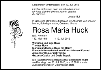 Anzeige von Rosa Maria Huck von Reutlinger Generalanzeiger