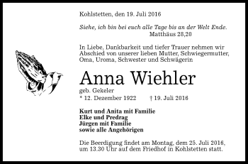 Anzeige von Anna Wiehler von Reutlinger Generalanzeiger