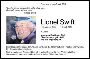 Anzeige von Lionel Swift von Reutlinger Generalanzeiger