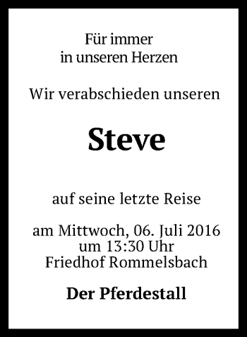 Anzeige von Steve  von Reutlinger Generalanzeiger