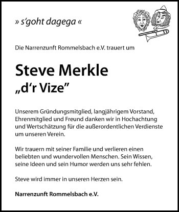 Anzeige von Steve Merkle von Reutlinger Generalanzeiger