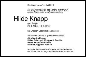 Anzeige von Hilde Knapp von Reutlinger Generalanzeiger