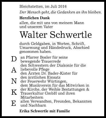 Anzeige von Walter Schwertle von Reutlinger Generalanzeiger