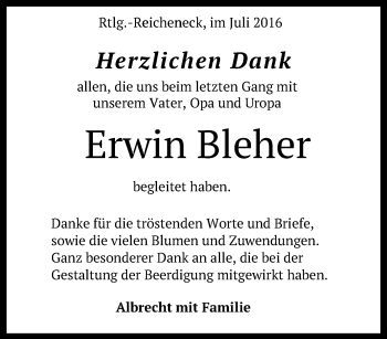 Anzeige von Erwin Bleher von Reutlinger Generalanzeiger