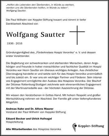 Anzeige von Wolfgang Sautter von Reutlinger Generalanzeiger