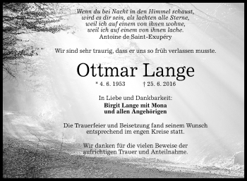 Anzeige von Ottmar Lange von Reutlinger Generalanzeiger