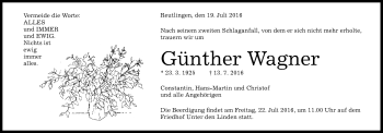 Anzeige von Günther Wagner von Reutlinger Generalanzeiger