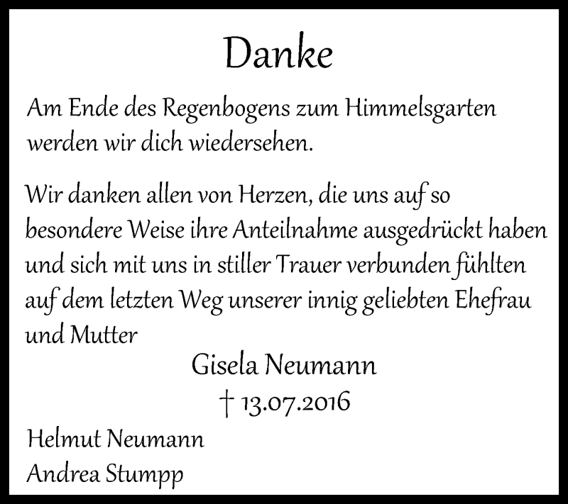  Traueranzeige für Gisela Neumann vom 30.07.2016 aus Reutlinger Generalanzeiger