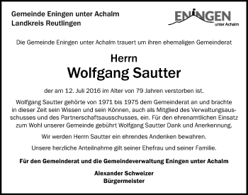 Anzeige von Wolfgang Sautter von Reutlinger Generalanzeiger