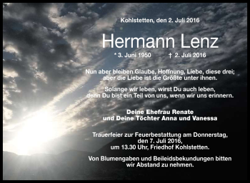 Anzeige von Hermann Lenz von Reutlinger Generalanzeiger