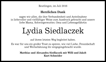 Anzeige von Lydia Siedlaczek von Reutlinger Generalanzeiger
