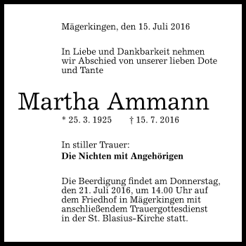 Anzeige von Martha Ammann von Reutlinger Generalanzeiger