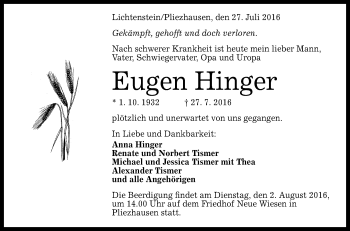 Anzeige von Eugen Hinger von Reutlinger Generalanzeiger