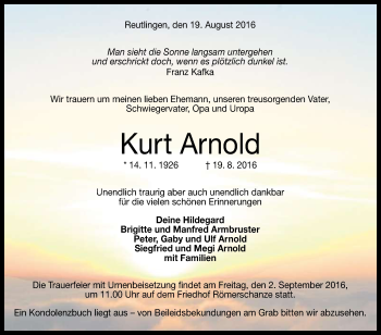 Anzeige von Kurt Arnold von Reutlinger Generalanzeiger
