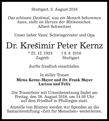 Anzeige von Kresimir Peter Kernz von Reutlinger Generalanzeiger