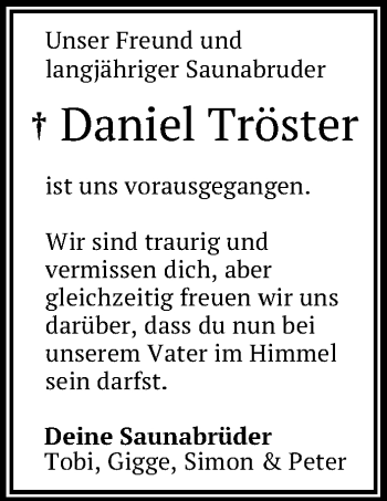 Anzeige von Daniel Tröster von Reutlinger Generalanzeiger