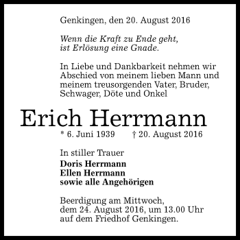 Anzeige von Erich Herrmann von Reutlinger Generalanzeiger