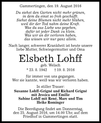 Anzeige von Elsbeth Lohff von Reutlinger Generalanzeiger