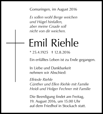 Anzeige von Emil Riehle von Reutlinger Generalanzeiger