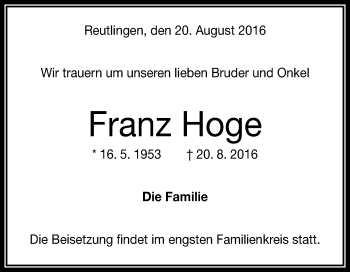 Anzeige von Franz Hoge von Reutlinger Generalanzeiger