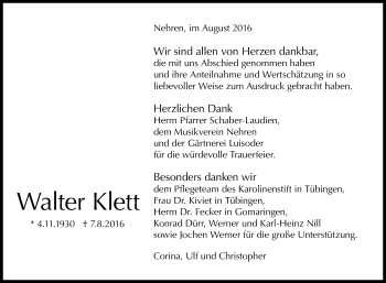 Anzeige von Walter Klett von Reutlinger Generalanzeiger