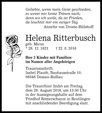 Anzeige von Helena Ritterbusch von Reutlinger Generalanzeiger